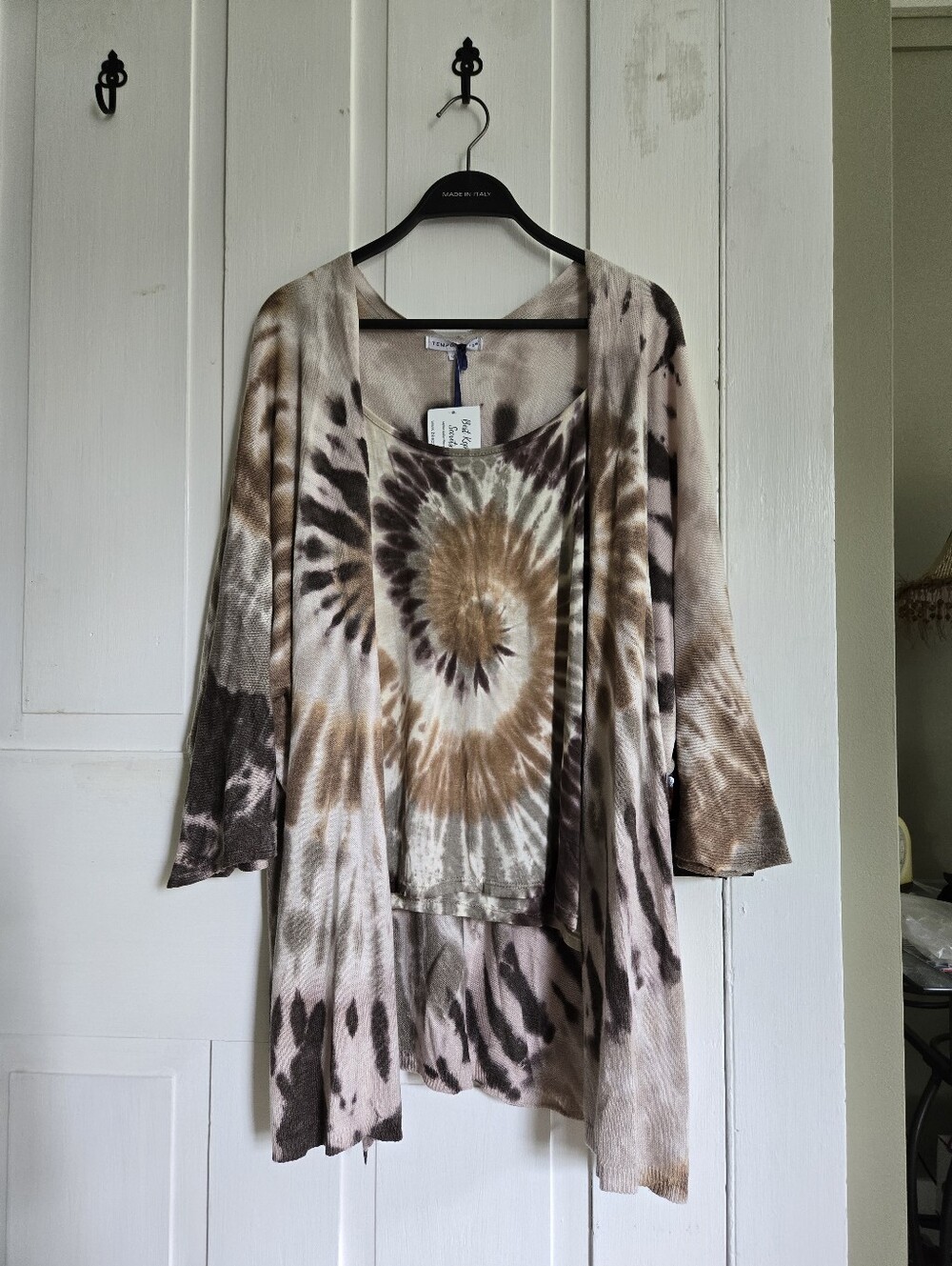 Tie-Dye Scoop Neck Tank and Open Cardigan Set - Brown, Cream, Black M/L NWT